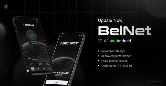 Promotional graphic for 'BelNet' V1.4.1 Android update featuring two smartphones, listing revamped design, improved performance, fixed latency issues, and updated to API level 36.