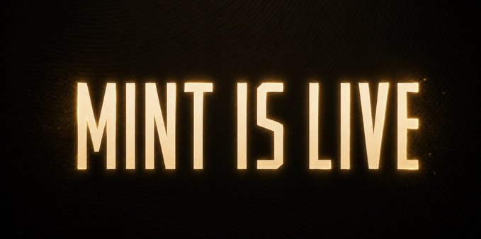 Bold gold text reading "MINT IS LIVE" glows against a dark, textured background, announcing the launch of the Gravelin mint currently in its team phase for GTD holders.