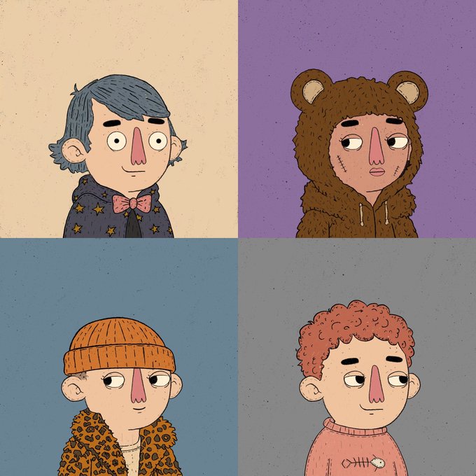 A 2x2 grid of cartoon character illustrations with distinctive elongated noses, depicting four different characters: one with blue hair and a bow tie, one in a bear hood, one in an orange beanie and leopard print jacket, and one with red curly hair in a pink sweater.