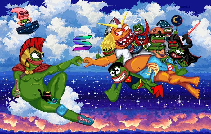 A vibrant pixel-art style illustration showing a green-skinned warrior character in a gladiator helmet confronting various fantastical creatures against a backdrop of clouds, stars, and sky.