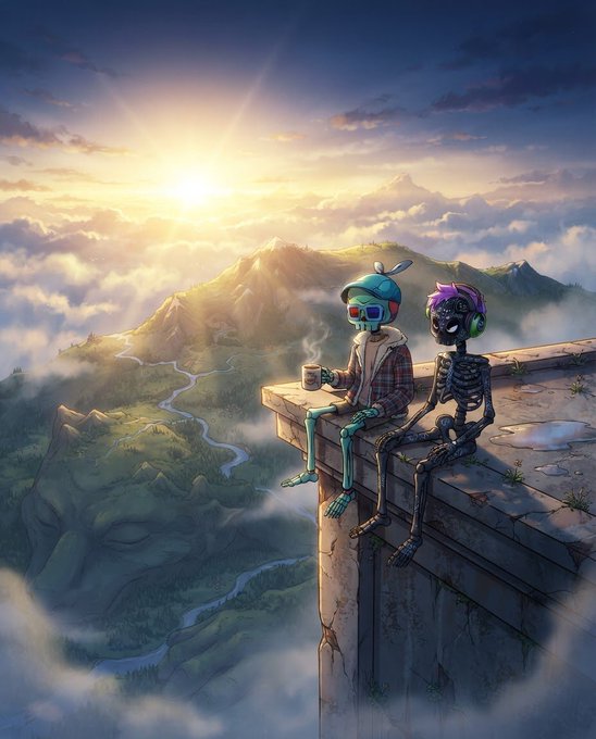 A digital illustration shows two skeleton-like cartoon characters—one with a bunny helmet holding a mug, the other with purple hair and headphones—sitting on a high stone ledge overlooking a sunlit mountainous landscape with clouds.