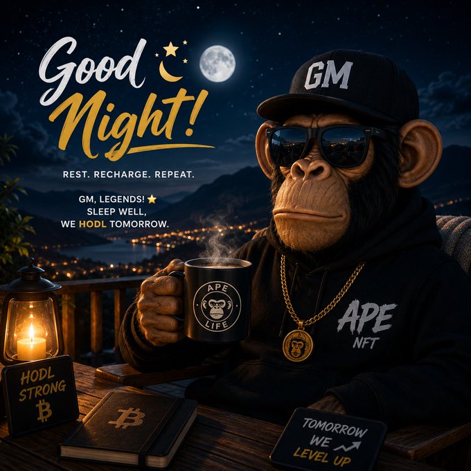 A digital artwork of a monkey wearing sunglasses and a "GM" cap, drinking coffee beside a "HODL STRONG" Bitcoin sign, with text reading "Good Night! Rest. Recharge. Repeat. GM, Legends! Sleep Well, We HODL Tomorrow."