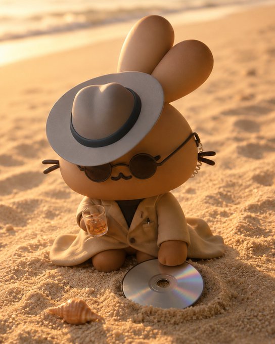 A brown rabbit-like figure wearing a fedora, round sunglasses, and a trench coat sits on a beach holding a drink and a CD, exuding a detective vibe as if it just "found something" to investigate. The image playfully illustrates the post's clue about a mystery stock discovered on PancakeSwap, framing the asset as a hidden clue waiting to be decoded.