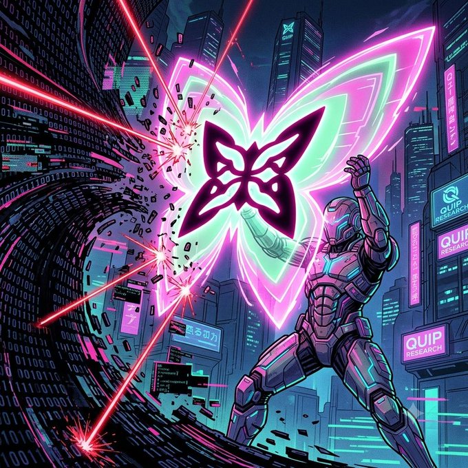 A futuristic cyberpunk warrior in neon armor stands in a digital cityscape, projecting a glowing pink and green butterfly emblem that shatters streams of binary code and red laser beams. "QUIP RESEARCH" signs appear on nearby skyscrapers, visually reinforcing the post's message about Quip Network's blockchain technology overcoming EVM computational limits for advanced cryptography like ZKP and FHE.