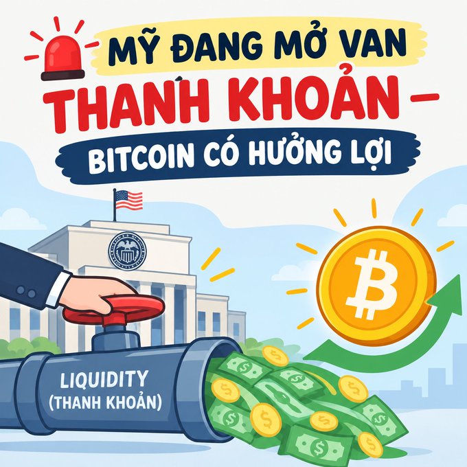 A Vietnamese-language graphic with the headline 'MỸ ĐANG MỞ VAN THANH KHOẢN – BITCOIN CÓ HƯỞNG LỢI' (The US is opening the liquidity valve – Bitcoin benefits), featuring the Federal Reserve building, a hand turning a valve on a pipe labeled 'Liquidity', and a rising Bitcoin coin.