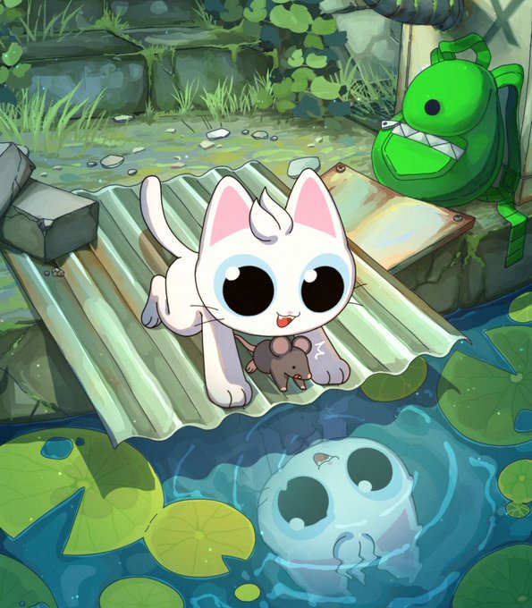 An illustration of a white cartoon kitten with large eyes and a small mouse toy, standing on a wooden plank over water with lily pads, reflecting a sad face, while a green dinosaur backpack hangs nearby.