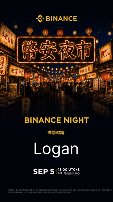 An invitation card for a 'BINANCE NIGHT' themed around a Chinese night market (幣安夜市), addressed to 'Logan' for 'SEP 5 | 19:00 UTC+8' in PPP time-limited art center.