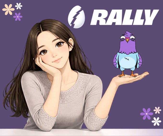 The image features a girl with long brown hair, wearing a gray sweater, sitting at a table while holding up her hand. A bird is perched on her outstretched arm. The background of the image has purple flowers scattered around, creating an artistic and visually appealing scene. The text "Rally" can be seen in the image as well.