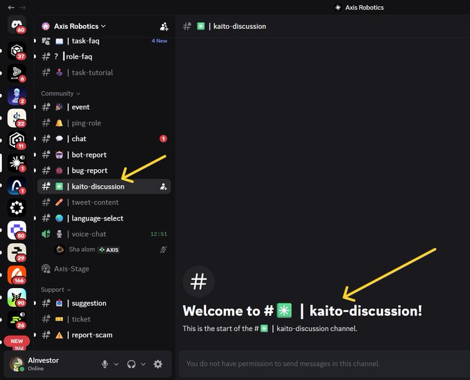 Discord interface screenshot showing the Axis Robotics server with yellow arrows pointing to the '# | kaito-discussion' channel in the sidebar and its welcome message in the main chat area.