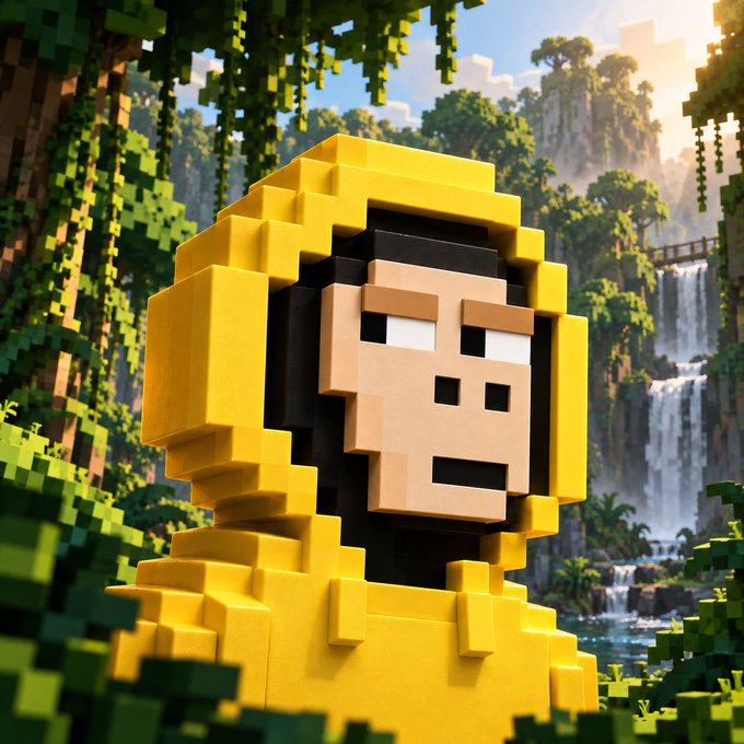 A 3D voxel/Minecraft-style render of a character with dark hair wearing a bright yellow hoodie, standing in a lush, blocky jungle environment with a waterfall in the background.