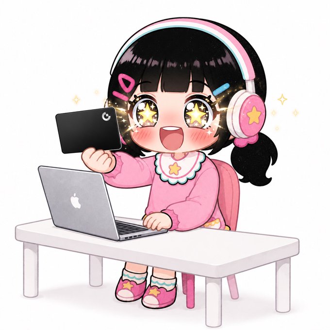 A chibi-style cartoon illustration of a happy girl with starry eyes wearing pink headphones, using a laptop and holding a smartphone with a crescent moon design.