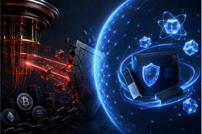 The image features a futuristic scene with a large blue globe surrounded by various technological elements, including a shield-shaped object, a wallet, and several Bitcoin coins scattered around. The background of the image is dark, creating an atmosphere of mystery and intrigue. In the caption provided, it seems that there might be a connection between Quantum computers and the vulnerability of digital assets to future quantum attacks. This could potentially lead to the development of new cryptographic methods or technologies to protect sensitive information in the digital world.