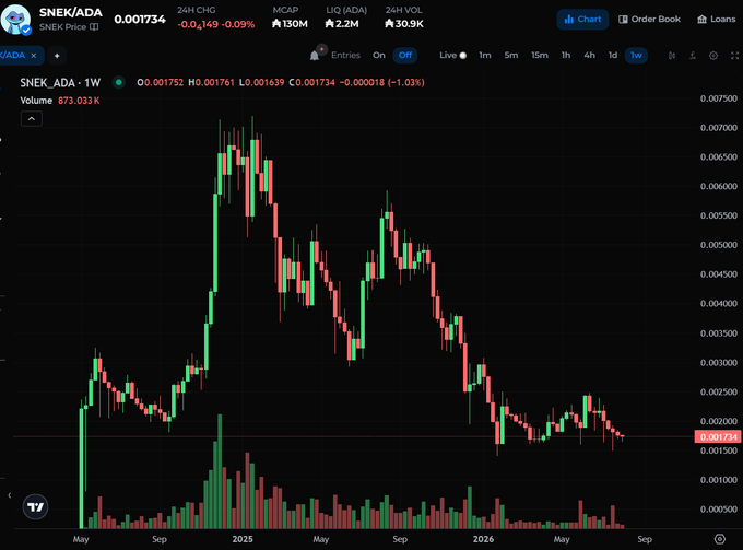 A candlestick price chart for the SNEK/ADA trading pair on a cryptocurrency exchange, showing a current price of 0.001734 with a weekly view displaying price action from May 2024 to September 2026.