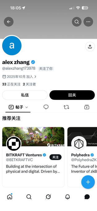 A Threads profile page for "alex zhang" (@alexzhang173978), joined in October 2025 with 33 posts, 2 followers, and following "BITKRAFT Ventures" and "Polyhedra" under recommendations — illustrating the newly registered anonymous account referenced in the post.