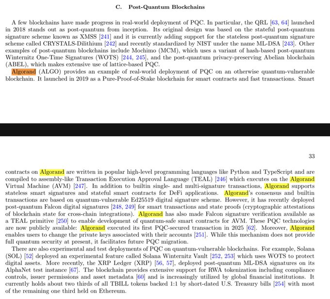 A page from a technical document titled "C. Post-Quantum Blockchains" highlighting **Algorand ($ALGO)** as a real-world example of a post-quantum blockchain, detailing its 2019 launch, use of Falcon signatures, TEAL/AVM smart contract capabilities, and PQC-secured transaction features since 2025—reinforcing the post's claim that Google recognizes Algorand's significance in PQC adoption.
