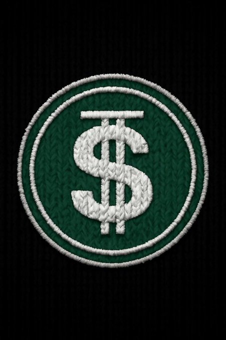 A circular green embroidered patch with a white dollar sign ($) symbol in the center is displayed against a black background. The image visually represents the concept of financial stability referenced in the accompanying text, which promotes the #USDD stablecoin as a dependable foundation amid market volatility.
