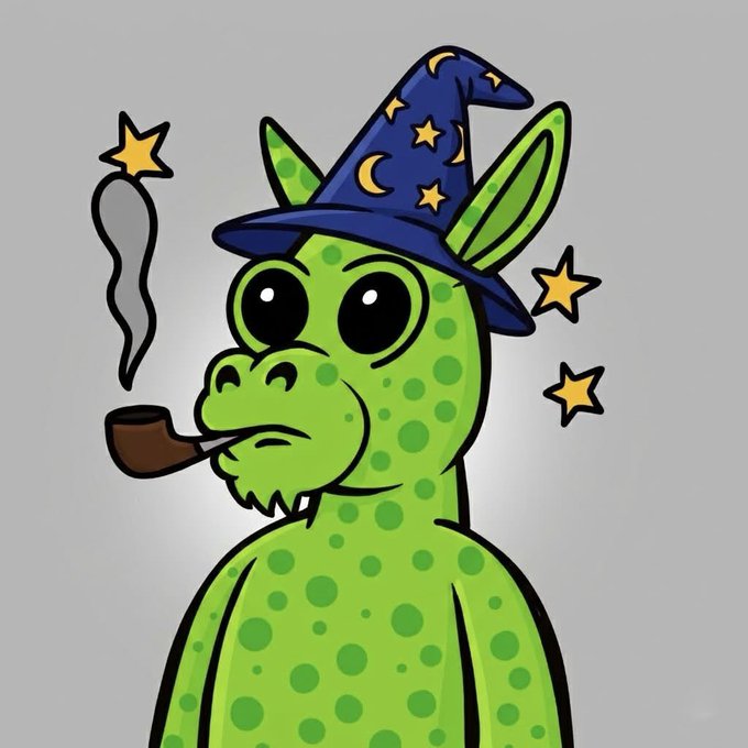 A cartoon illustration of a green dragon wearing a blue wizard hat with stars and moons, smoking a brown pipe.