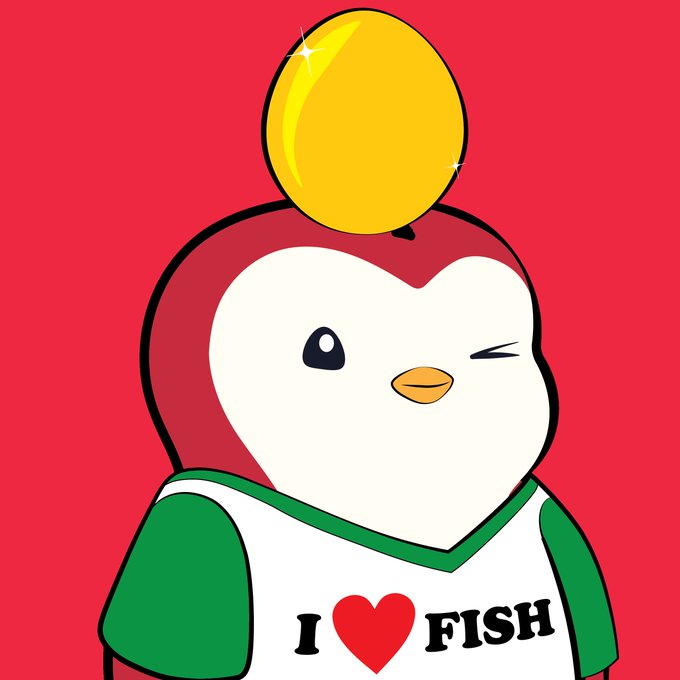 A cartoon penguin winking and wearing a shirt that says 'I ❤ FISH' with a yellow ball balanced on its head, set against a red background.