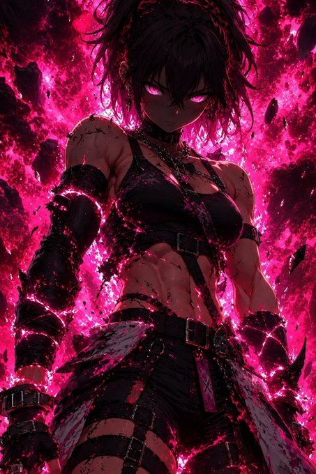 An anime-style illustration depicts a fierce, muscular female warrior with glowing pink eyes, wearing dark, battle-damaged armor and surrounded by intense pink energy.