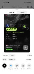 A screenshot of a mobile phone showing a dark-themed application with the text 'Chip xi', a green notification displaying '57.70', and a QR code.