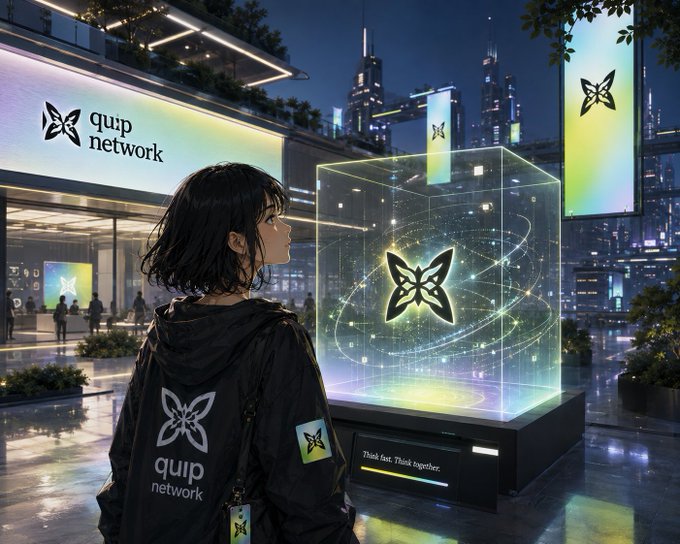 A person wearing a "quip network" jacket gazes at a glowing, cube-shaped holographic display featuring a butterfly logo and the message "Think fast. Think together," set against a futuristic neon-lit cityscape that visually embodies quip network's blend of quantum technology and digital art.