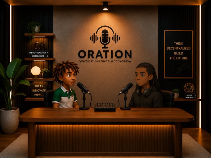 An illustrated podcast studio scene labeled 'ORATION' features two animated characters seated at a wooden desk with microphones, surrounded by motivational signage like 'THINK DECENTRALIZED BUILD THE FUTURE'.