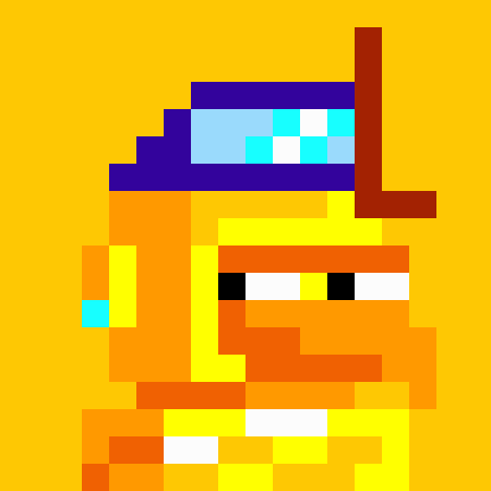 A pixel art illustration of an orange character with a purple and blue headband on a yellow background.