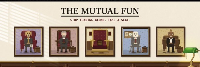 An illustrated banner titled 'THE MUTUAL FUN' with the tagline 'STOP TRADING ALONE. TAKE A SEAT.' showing five pixel-art style framed portraits of animals (a dog, a judge-like figure, a fireplace, a panda, and a bear) sitting in armchairs.