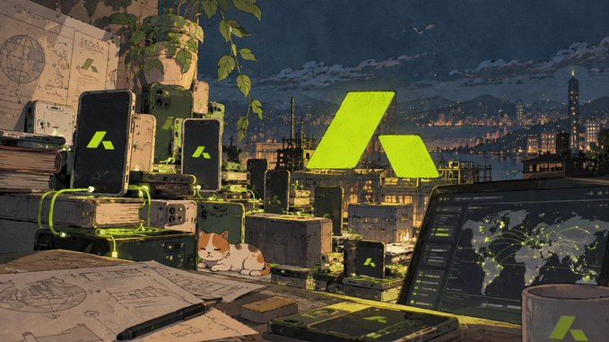 An anime-style illustration featuring a cat in a cozy room with a laptop, smartphones, plants, and a city skyline at night, decorated with green geometric logos.