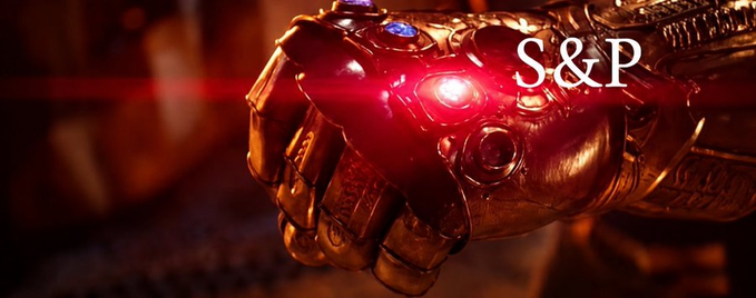 An image of the Infinity Gauntlet glowing with red light, featuring the text "S&P" in the upper right corner—suggesting that just as the gauntlet represents ultimate power, TRON is positioning itself as a powerful, all-encompassing force in the crypto space with enterprise-grade infrastructure beyond basic P2P transfers.