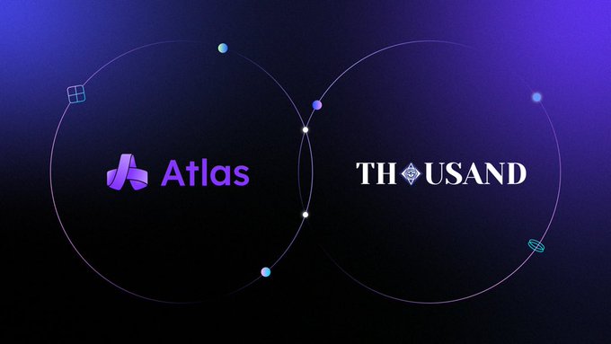 A dark gradient background featuring two overlapping circular orbit diagrams containing logos for 'Atlas' in purple and 'THOUSAND' in white, with small geometric icons representing planets within the orbital paths.