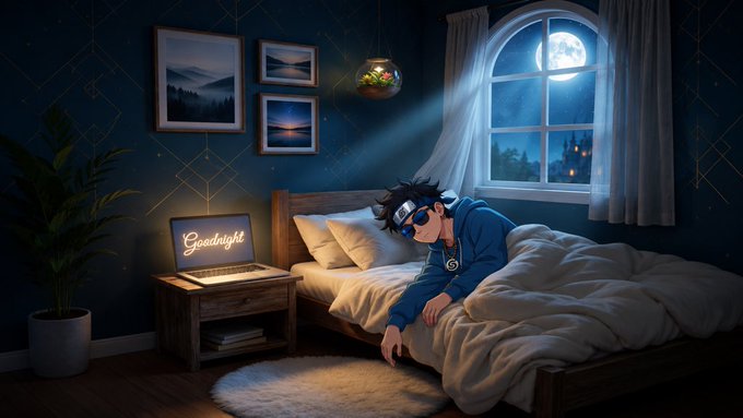 Anime-style illustration of a young person wearing a blue hoodie and headband sitting on a bed in a moonlit room, with a laptop displaying 'Goodnight' on the nightstand.