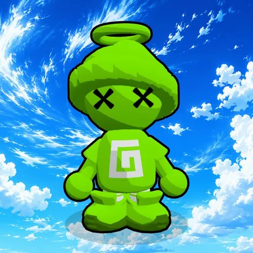 A green cartoon character with a spiral top, X-shaped eyes, and a square spiral symbol on its chest stands against a vibrant blue sky with fluffy white clouds.