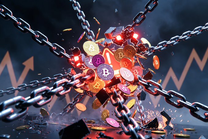 A stylized 3D illustration depicts various cryptocurrency coins, including Bitcoin, breaking through heavy metal chains against a dark background with upward-trending arrows.