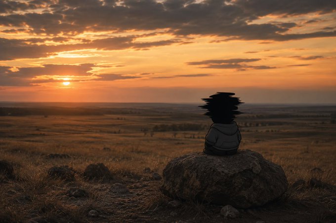 An animated figure sits on a rock in a vast landscape, watching a dramatic sunset with orange and gold clouds streaking the sky.