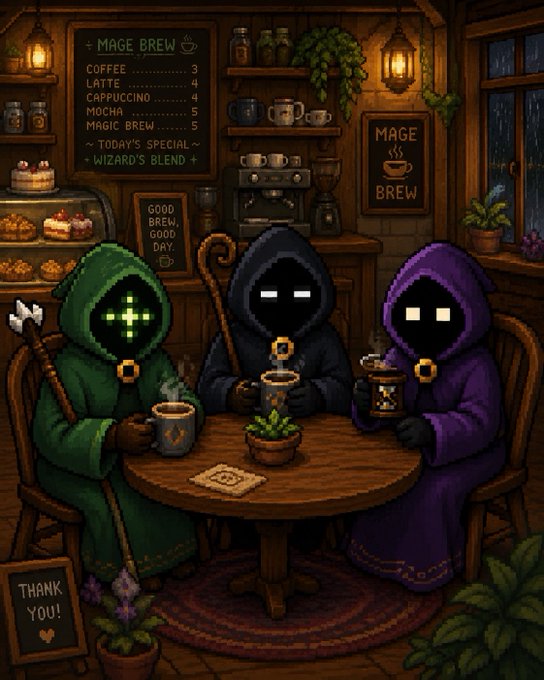 A pixel-art fantasy illustration of three hooded mage figures (green, dark, and purple robes with glowing face symbols) sitting around a wooden table enjoying coffee at the 'Mage Brew' café, with a menu board showing coffee prices and a 'Wizard's Blend' special.