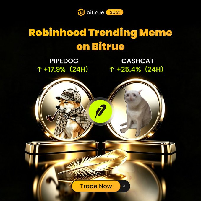 This image advertises the meme tokens $PIPEDOG and $CASHCAT, showing their impressive 24-hour gains of +17.9% and +25.4% respectively, available for trading on Bitrue. The post further promotes these tokens by mentioning their association with Robinhood memes and providing direct trading links.