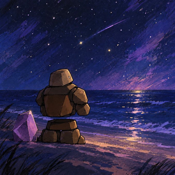 A digital illustration depicting a stone golem sitting on a beach at night, gazing at a starry purple sky with a shooting star, accompanied by a purple crystal.