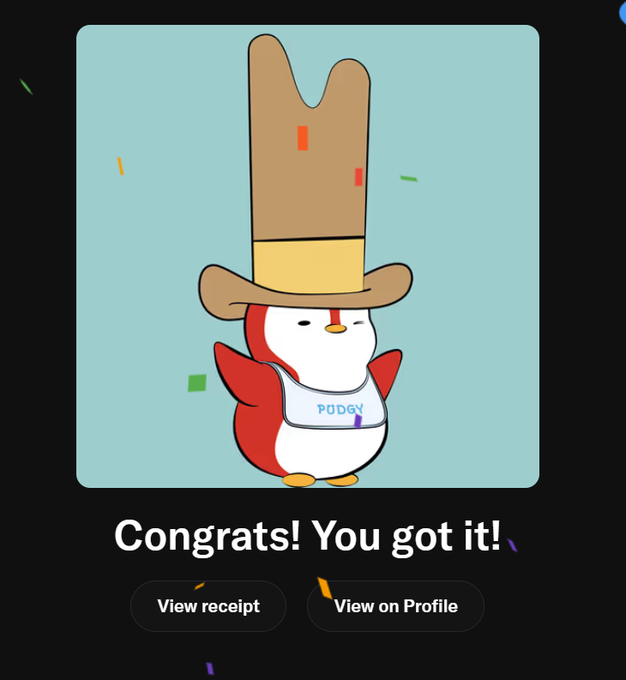 A congratulatory screen featuring a cartoon penguin character wearing a large cowboy hat and a "PODGY" jersey, with "Congrats! You got it!" text below.