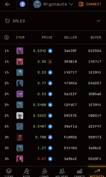 A mobile app interface displaying a 'SALES' activity feed for a digital collectibles platform, showing items, prices in cryptocurrency, and buyer/seller transaction hashes.
