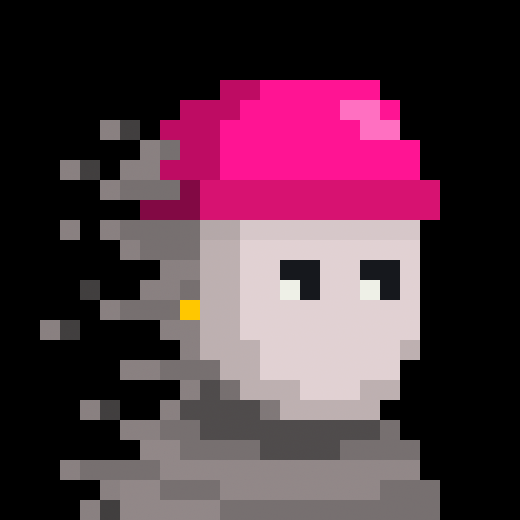 A pixel art illustration of a character wearing a bright pink hat and gray clothing, with a disintegrating/dissolving effect on the left side.