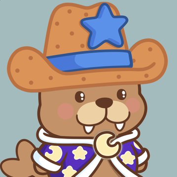 A cartoon illustration of a brown beaver or groundhog wearing an orange cowboy hat with a blue star, a blue bandana, and a purple starry outfit.