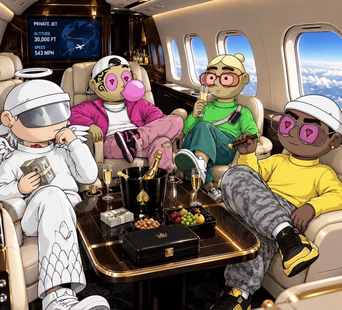 Four cartoon characters dressed in streetwear lounge in a private jet, with a display showing 'PRIVATE JET, ALTITUDE 30,000 FT, SPEED 543 MPH', champagne, and fruit on a table between them.