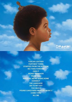 Album artwork featuring a young boy with a high-top fade against a blue sky background, with a tracklist titled 'POUND CAKE / PARIS MORTON MUSIC 2' listing songs like 'OWN IT', 'WORST BEHAVIOR', and 'COME THRU' with the signature 'DRAKE'.