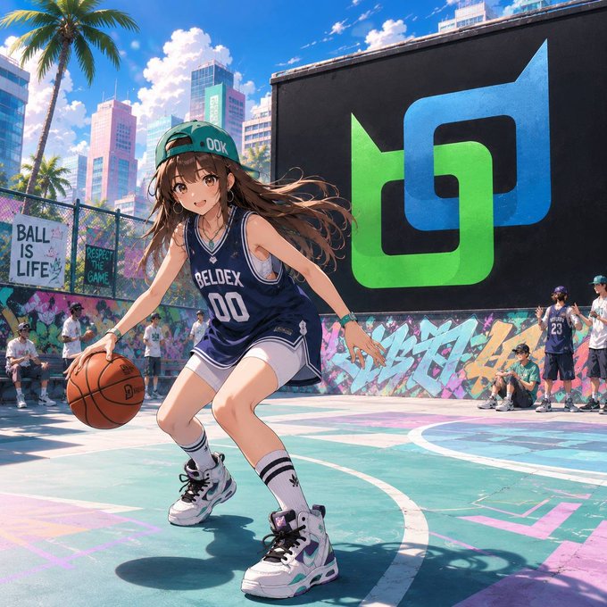 An anime-style illustration of a girl wearing a '00' navy basketball jersey and a green cap, dribbling a basketball on a graffiti-covered outdoor court with a large 'L0' logo billboard and a 'BALL IS LIFE' sign in the background.