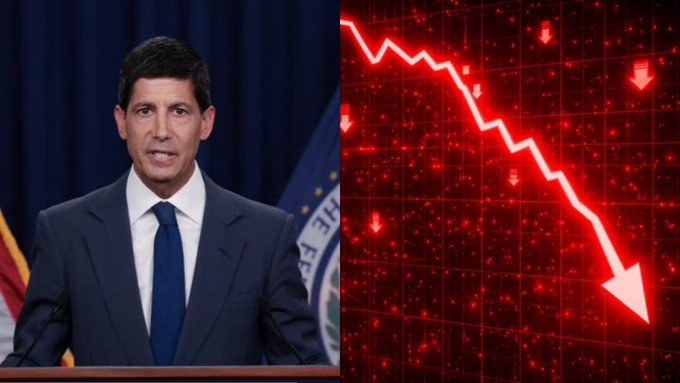 A man in a dark suit and blue tie stands at a podium with a "THE FED" seal visible, alongside a red downward-trending arrow graphic symbolizing market decline, as Fed Chair Kevin Warsh announces a 25 BPS interest rate hike—the Fed's first since July 2023.