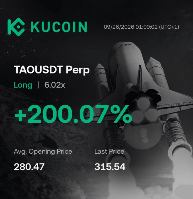 A KuCoin trade card displays a successful long position on TAOUSDT Perp with 6.02x leverage, showing a +200.07% gain as the price rose from an average opening of 280.47 to 315.54, dated 09/26/2026. The image visually reinforces the post's "long the dip" sentiment by showcasing a rocket—symbolizing the explosive upward trajectory—set against a space background.
