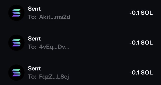 The image shows a cryptocurrency wallet transaction history displaying three "Sent" transactions, each for -0.1 SOL, sent to recipients "Akit...ms2d," "4vEq...Dv...," and "FqzZ...L8ej." This appears to be evidence from the original poster (@Ma_Xeeno) showing they've been gifting small amounts of Solana to users as part of a giveaway, likely fulfilling the "sent you money" claim in their post.
