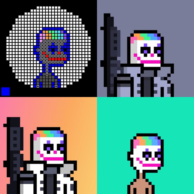 A 2x2 grid of pixel art characters: a large white pixelated head with a colorful face on black, and three variations of a skeleton character with a rainbow-colored forehead holding a gun.