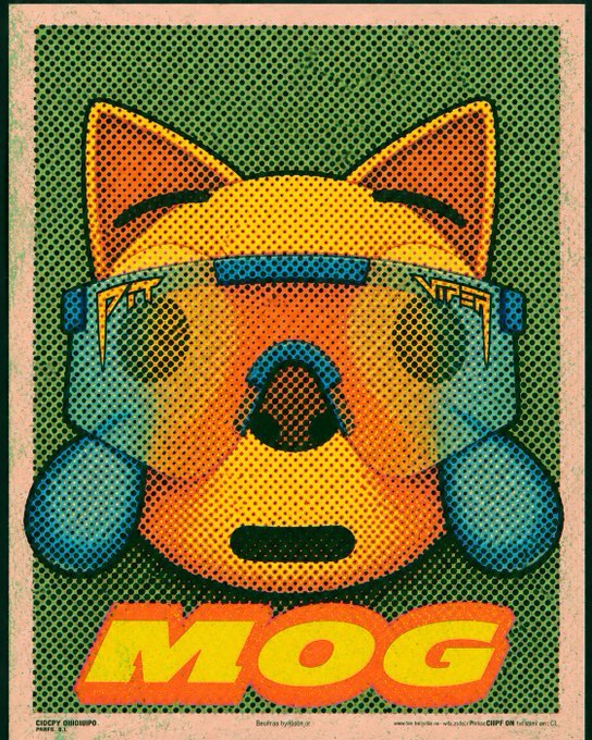 The image features a cartoon cat wearing goggles, sunglasses, and a helmet with the word "gmog" written above its head. The cat appears to be looking down at something or someone below. The caption of the image reads: "gmog keep accumulating that mog coin here. We're going HIGHER".